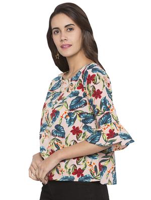 beige printed flute sleeved boxy top - 15224967 - Standard Image - 2