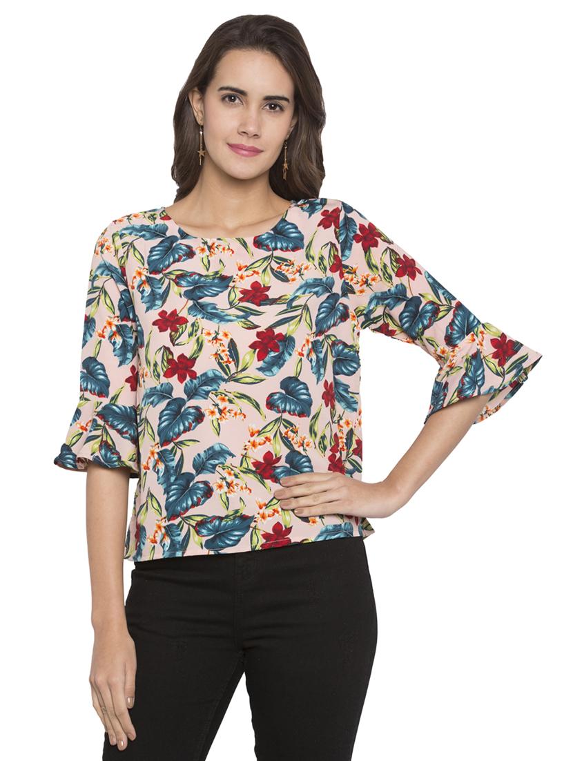 beige printed flute sleeved boxy top - 15224967 - Zoom Image - 1