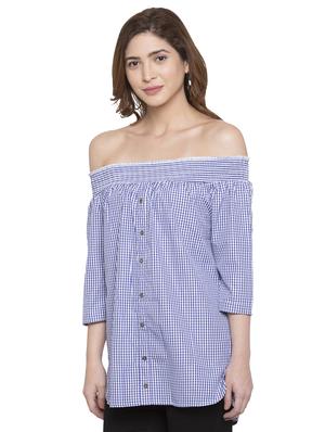 gingham checked off shoulder top - 15225006 - Standard Image - 2
