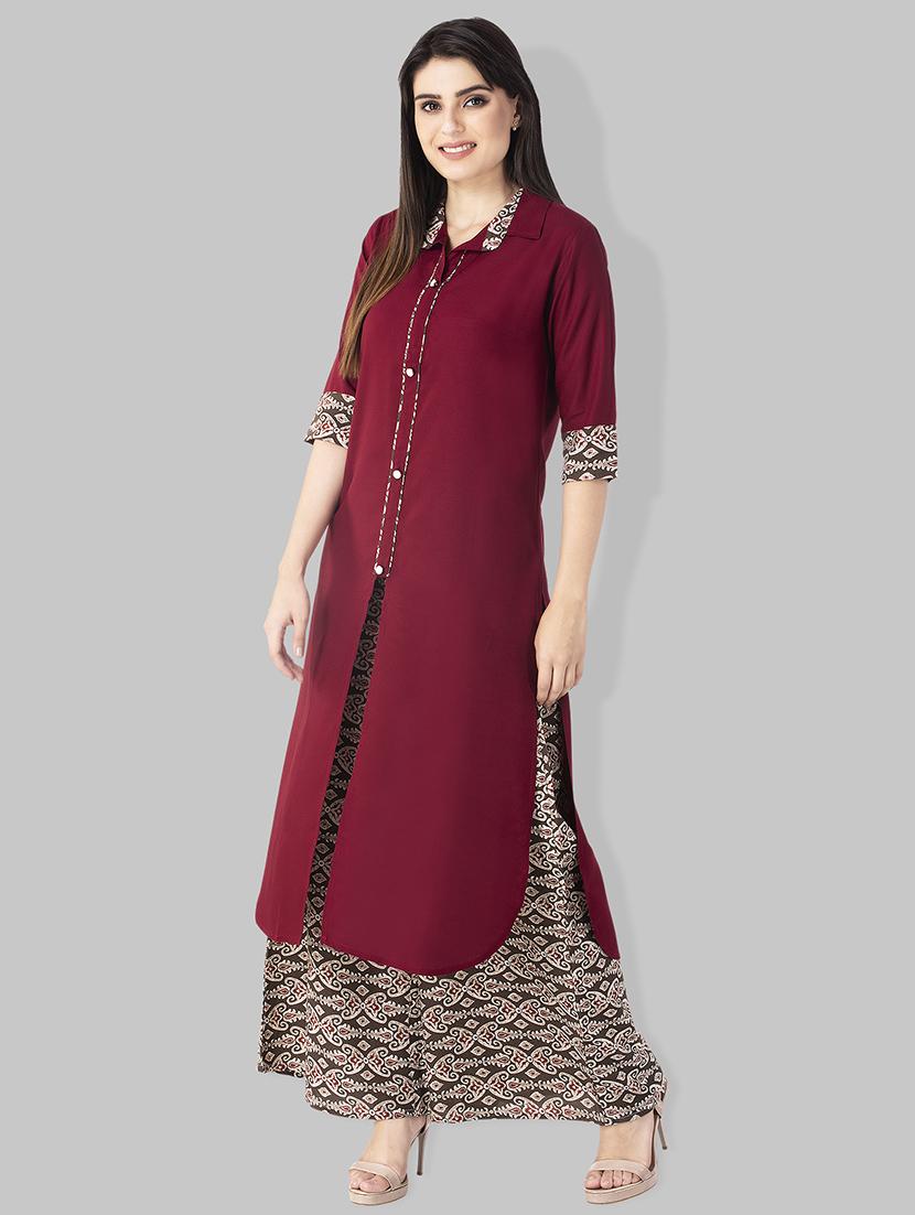 Shirt collar solid kurta with printed palazzo set - 15225756 - Zoom Image - 1