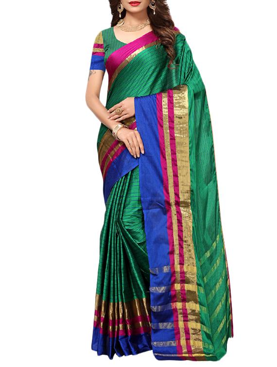 green cotton silk woven saree with blouse - 15226257 - Zoom Image - 1