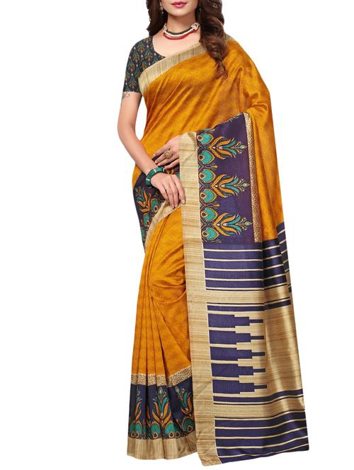 mustard art silk printed saree with blouse - 15226275 - Very Small Image - 1