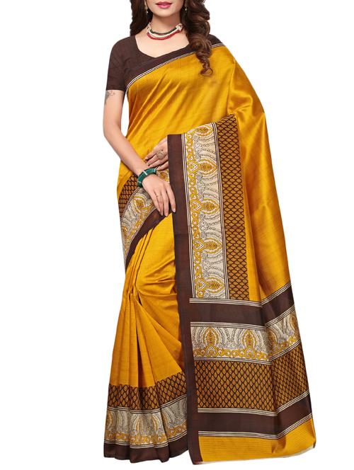 mustard art silk printed saree with blouse - 15226289 - Very Small Image - 1