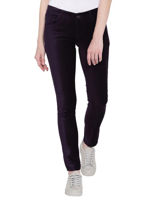 purple solid cotton flat front trousers - 15228089 - Standard Image - 1