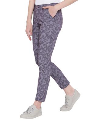 purple printed cotton flat front trousers - 15228093 - Standard Image - 2