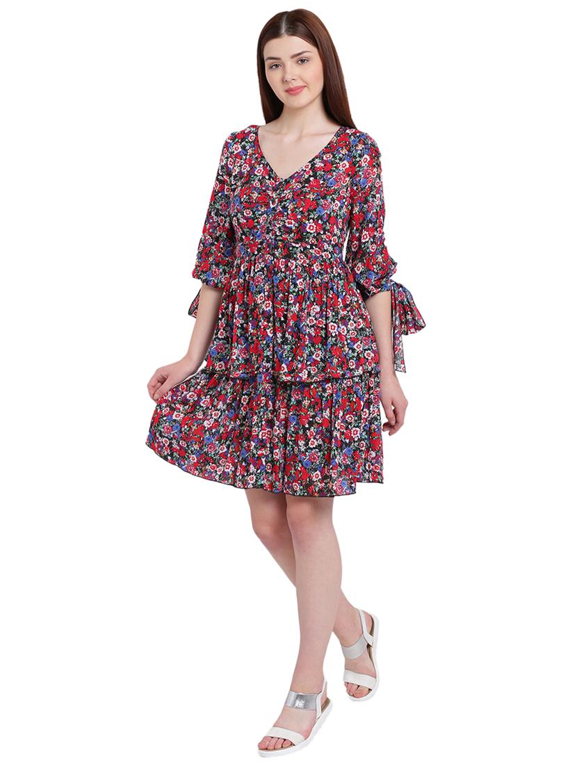 red printed modal layered dress - 15228169 - Zoom Image - 4