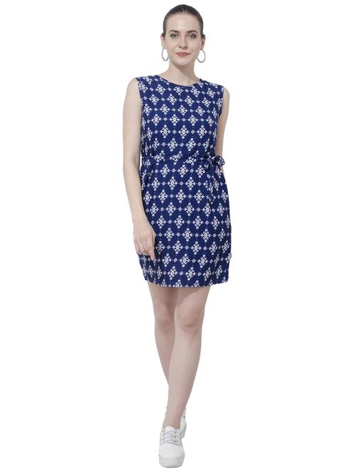navy blue printed belted dress - 15228515 - Standard Image - 1