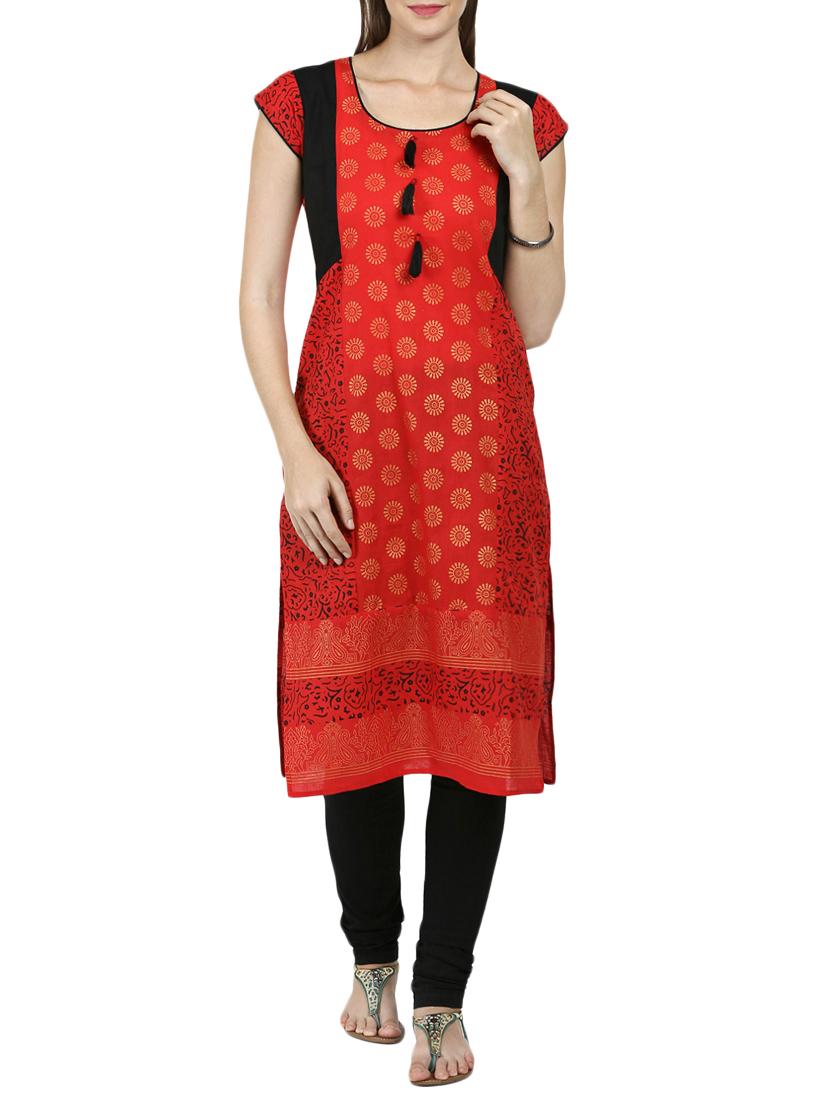 red cotton straight kurta - 15229760 - Zoom Image - 1