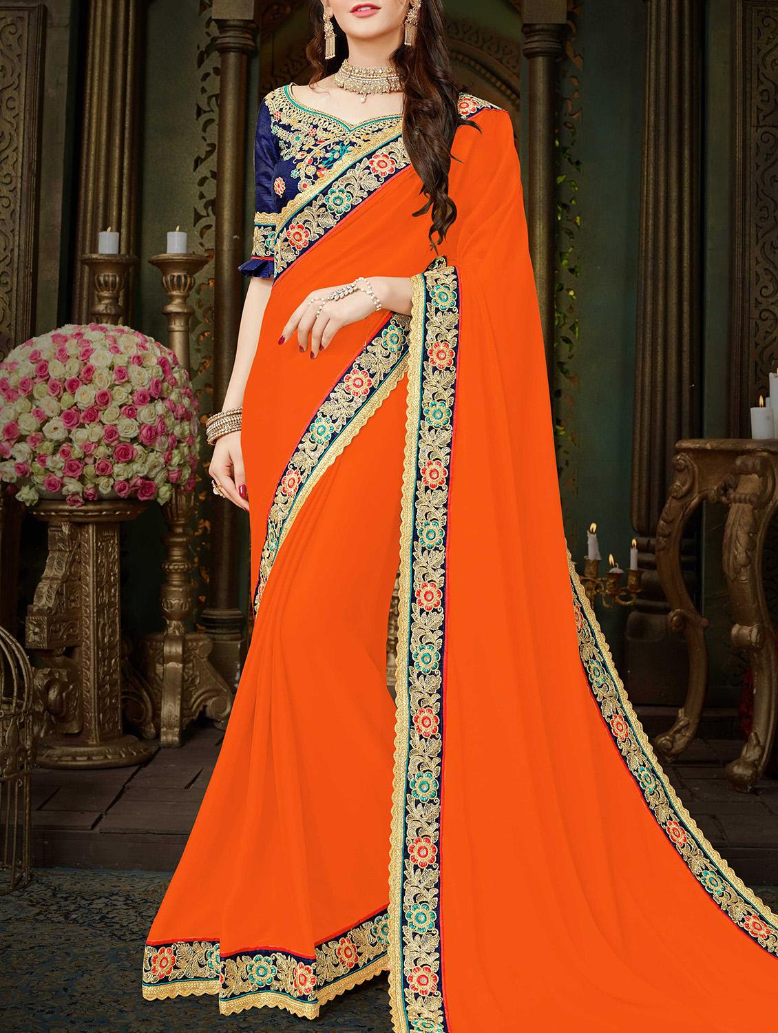 orange georgette bordered saree with blouse - 15230388 - Zoom Image - 1