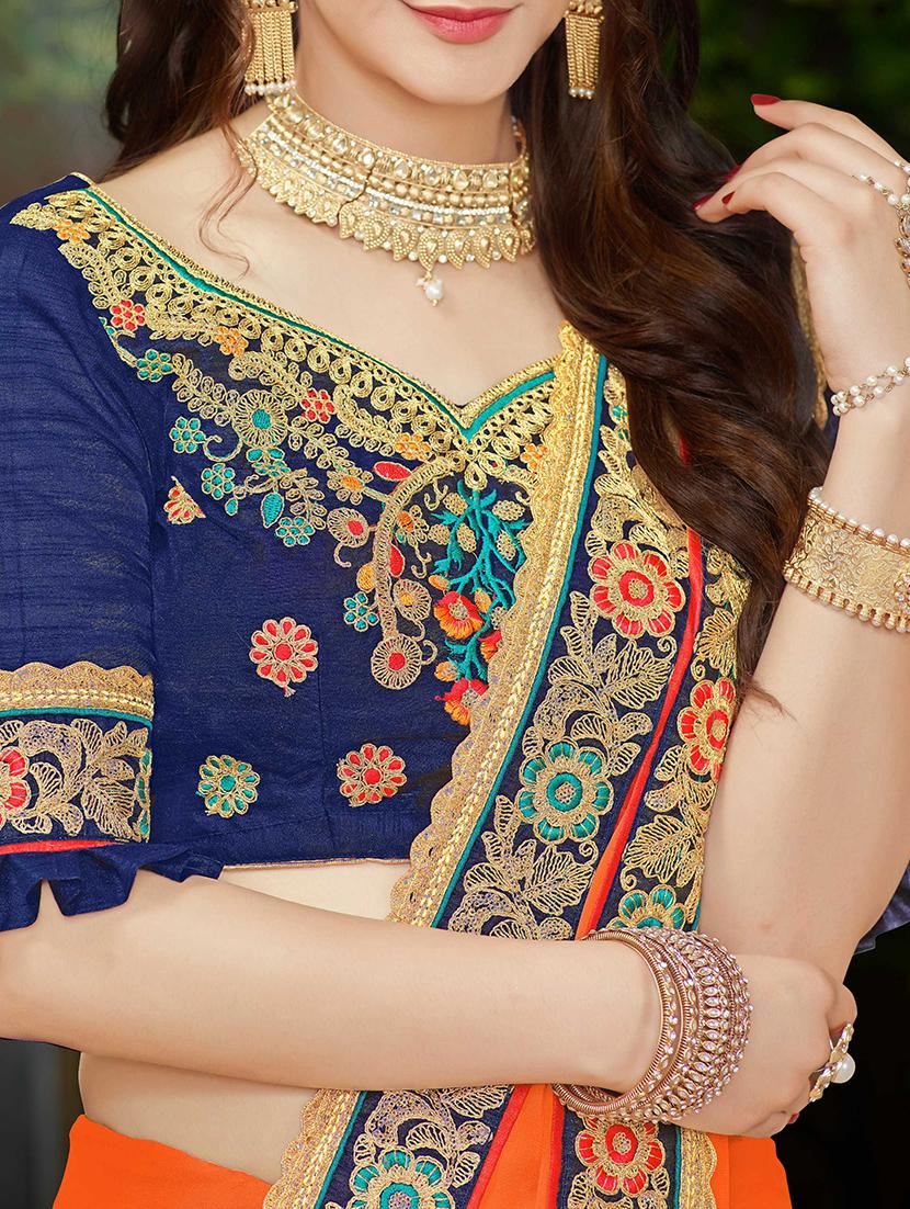 orange georgette bordered saree with blouse - 15230388 - Zoom Image - 3