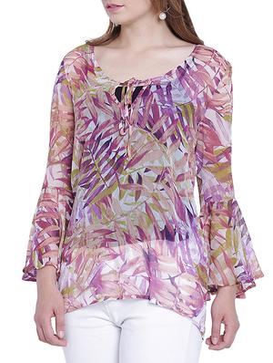 leaf print flute sleeved top - 15230977 - Standard Image - 2