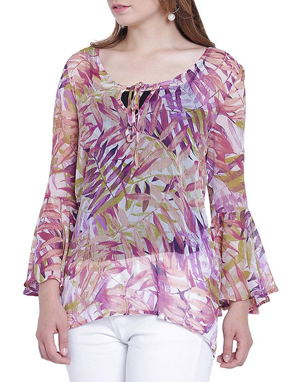 leaf print flute sleeved top - 15230977 - Zoom Image - 2