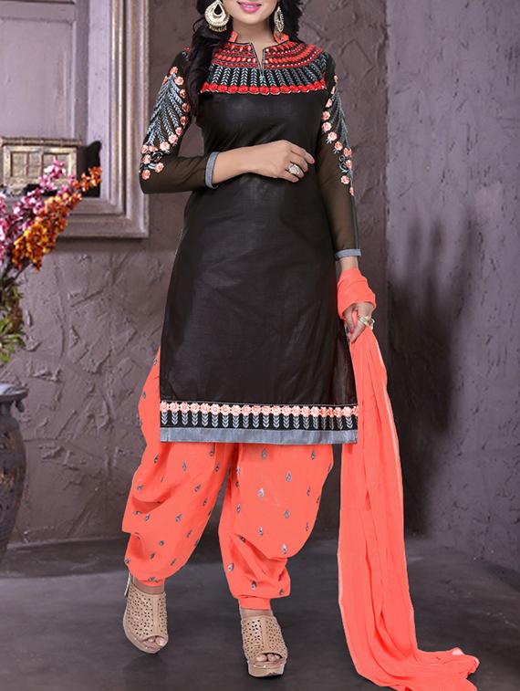 Black embroidered unstitched churidaar suit - 15233868 - Zoom Image - 1