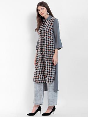 checkered high low kurta - 15234955 - Standard Image - 2