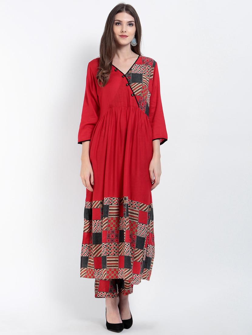 red viscose flared kurta - 15234956 - Zoom Image - 1