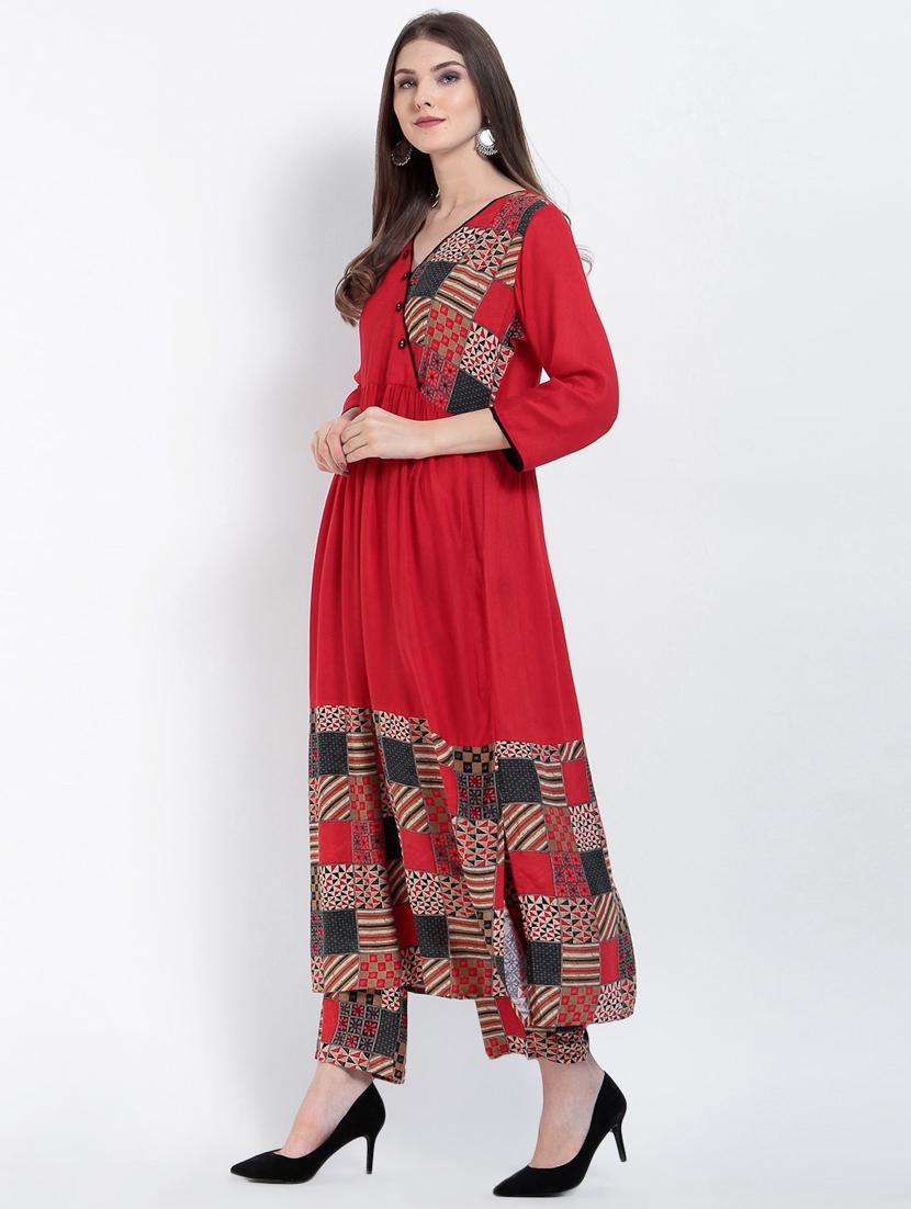 red viscose flared kurta - 15234956 - Zoom Image - 2