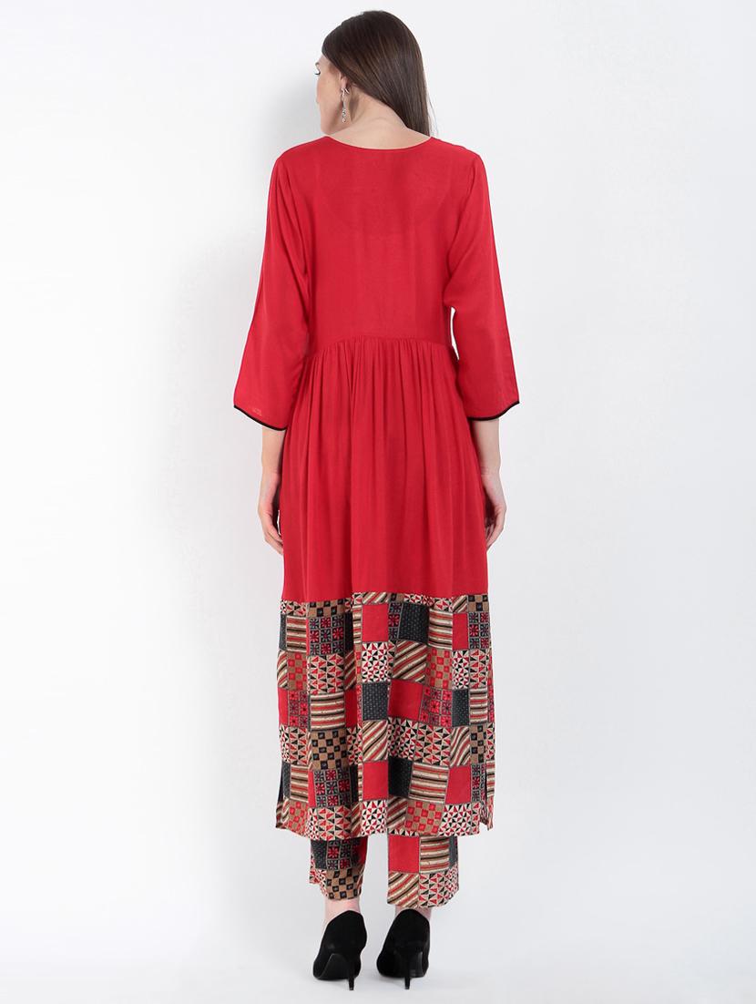 red viscose flared kurta - 15234956 - Zoom Image - 3