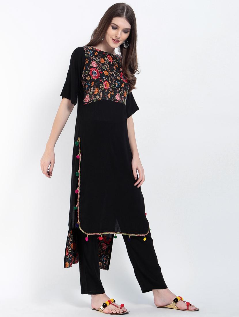 black viscose high low kurta - 15234976 - Zoom Image - 2