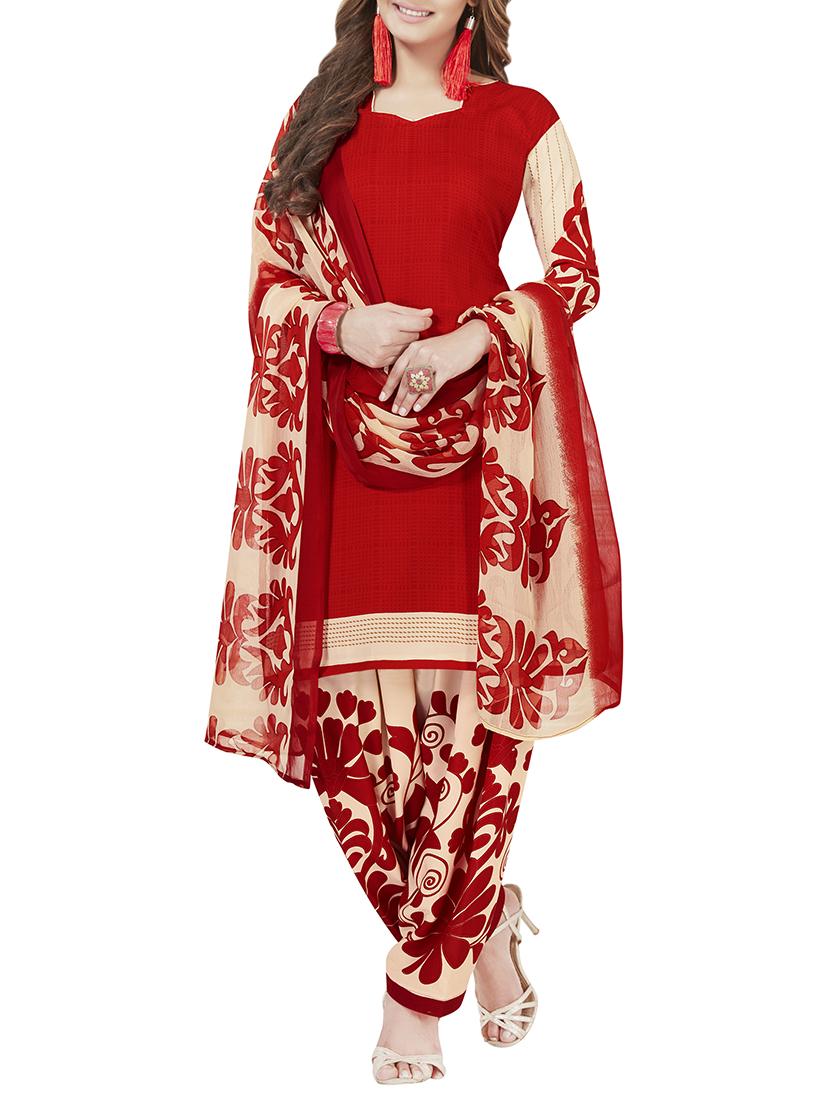 Red crepe unstitched salwar suit - 15235025 - Zoom Image - 1