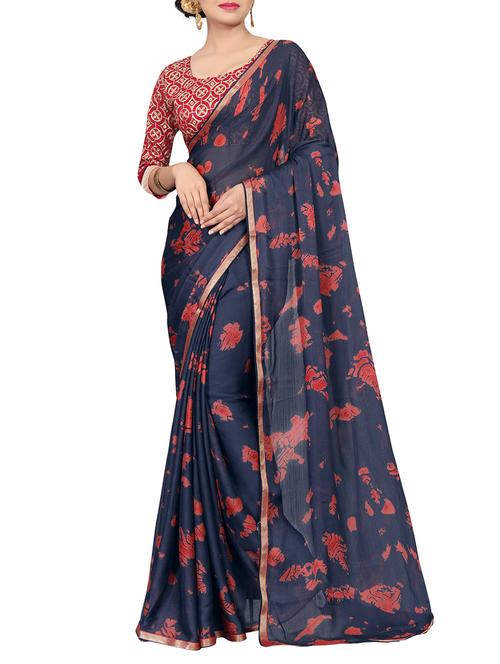 blue silk blend printed saree with blouse - 15235240 - Very Small Image - 1