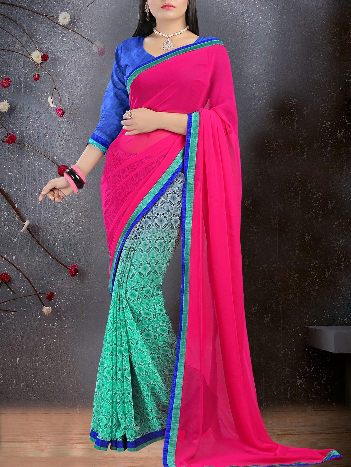pink georgette half and half saree with blouse - 15235437 - Zoom Image - 1