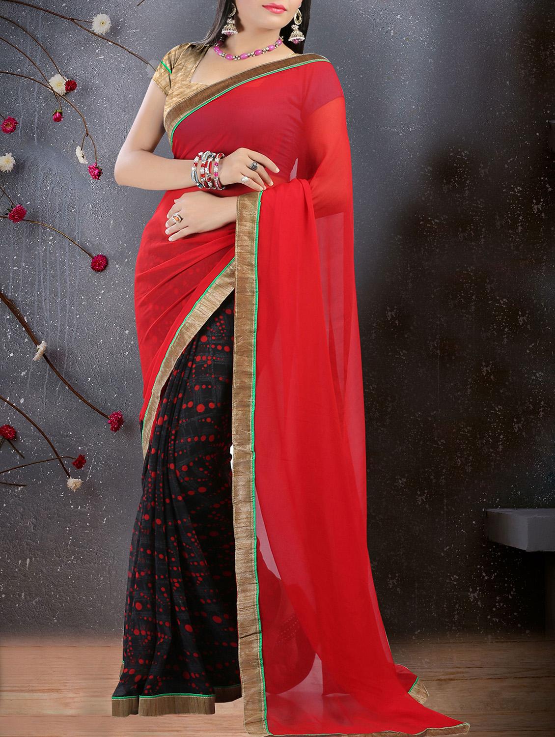 red georgette half and half saree with blouse - 15235442 - Zoom Image - 1