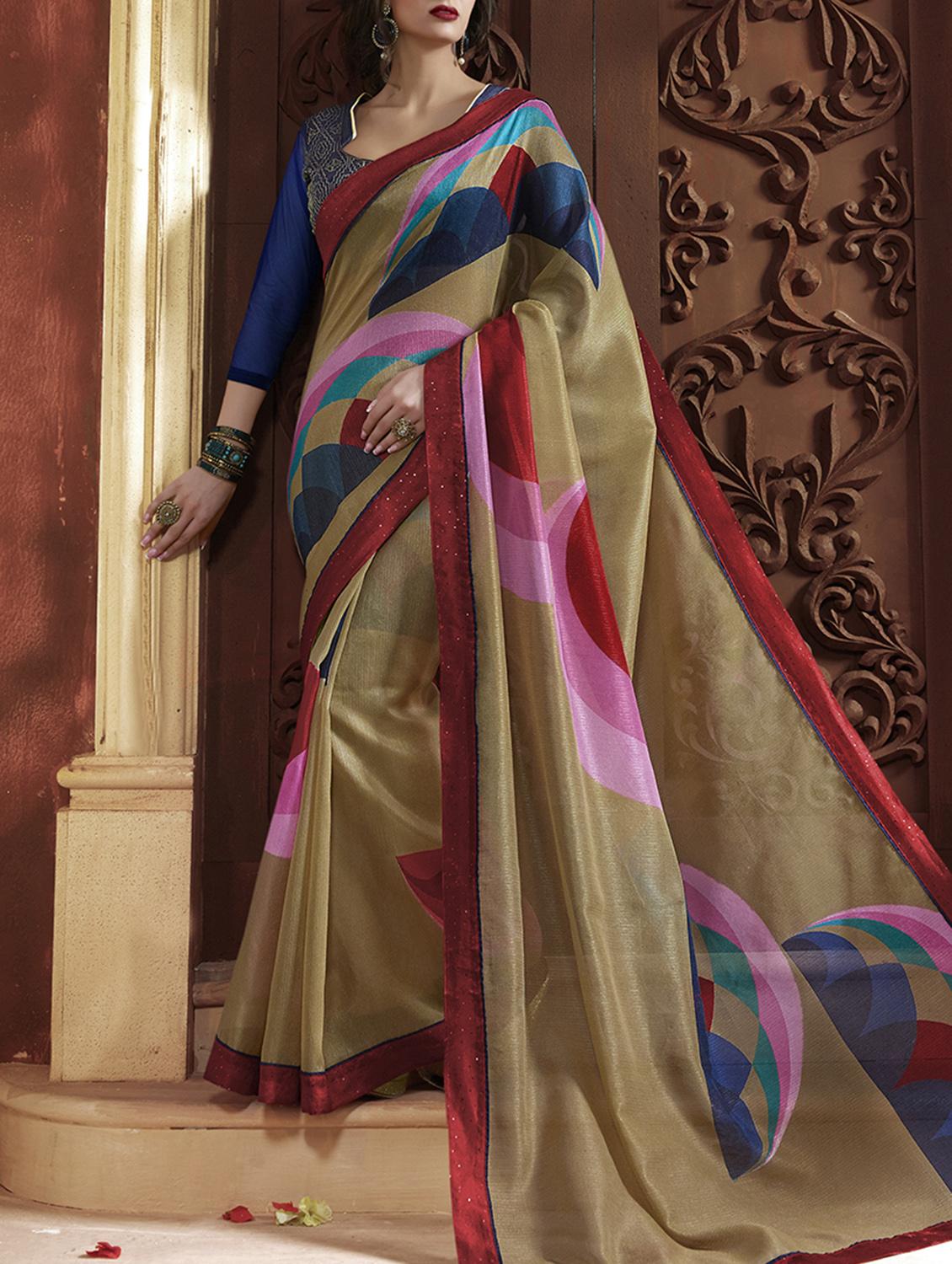 beige cotton printed saree with blouse - 15235534 - Zoom Image - 1