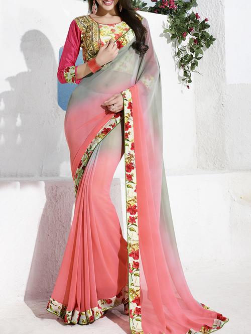 pink georgette printed saree with blouse - 15235542 - Very Small Image - 1