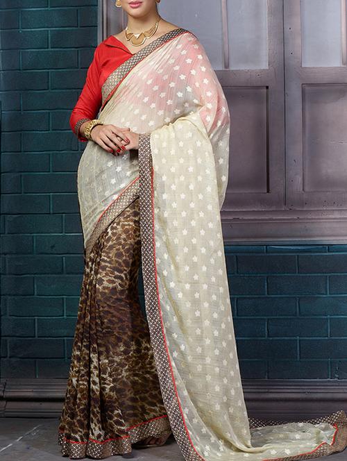 cream georgette printed saree with blouse - 15235558 - Standard Image - 1