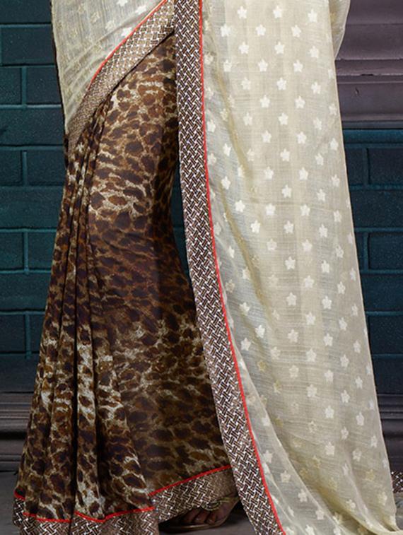cream georgette printed saree with blouse - 15235558 - Zoom Image - 2