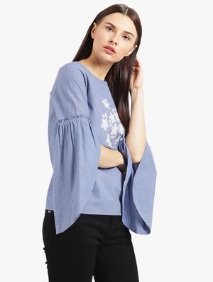 blue solid embroidered cotton top - 15235624 - Standard Image - 2