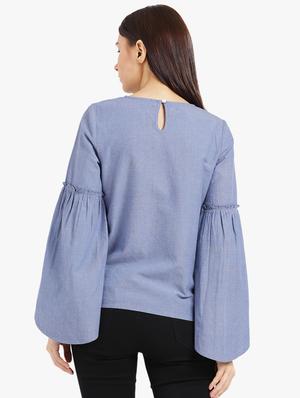 blue solid embroidered cotton top - 15235624 - Standard Image - 3