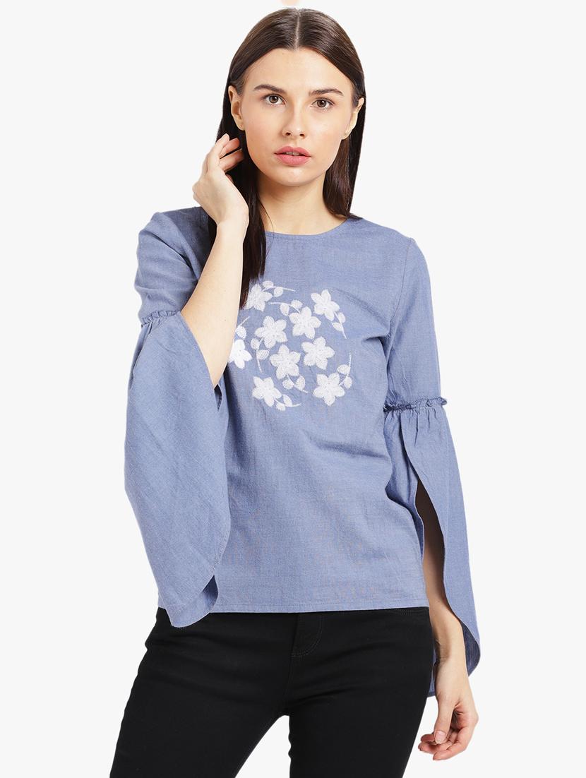 blue solid embroidered cotton top - 15235624 - Zoom Image - 1