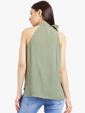 olive rayon printed tie up neck top - 15235632 - Standard Image - 3