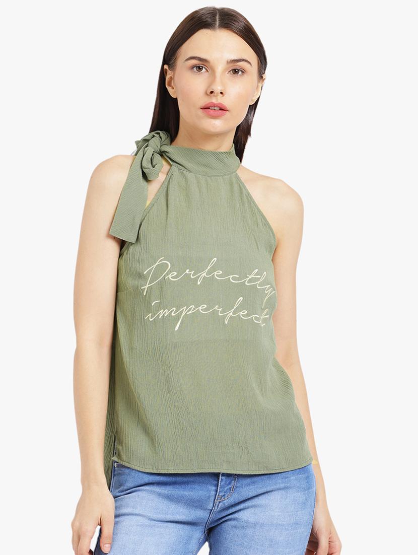 olive rayon printed tie up neck top - 15235632 - Zoom Image - 1