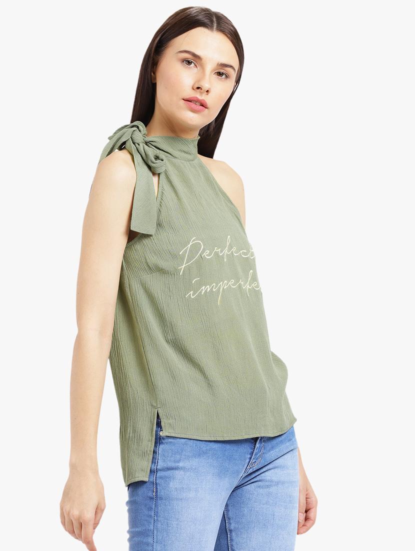 olive rayon printed tie up neck top - 15235632 - Zoom Image - 2