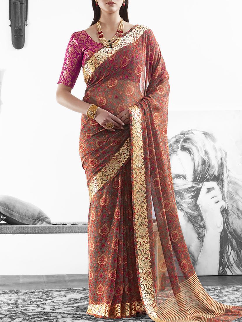 brown georgette printed saree with blouse - 15235862 - Zoom Image - 1