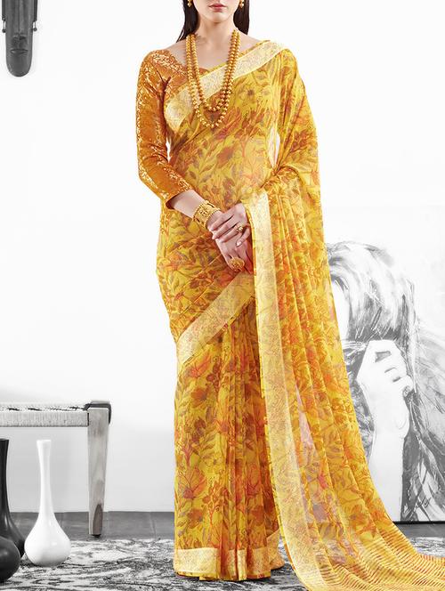mustard georgette printed saree with blouse - 15235865 - Standard Image - 1