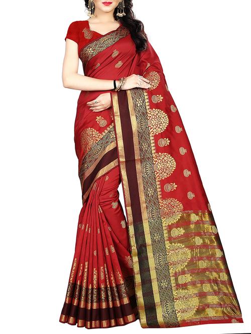 red art silk banarasi saree with blouse - 15235876 - Standard Image - 1