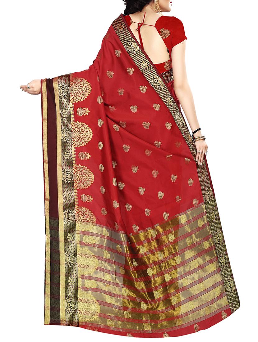 red art silk banarasi saree with blouse - 15235876 - Zoom Image - 2