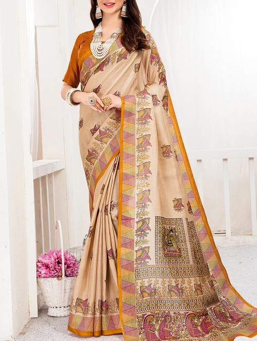 beige khadi silk printed saree with blouse - 15235933 - Very Small Image - 1