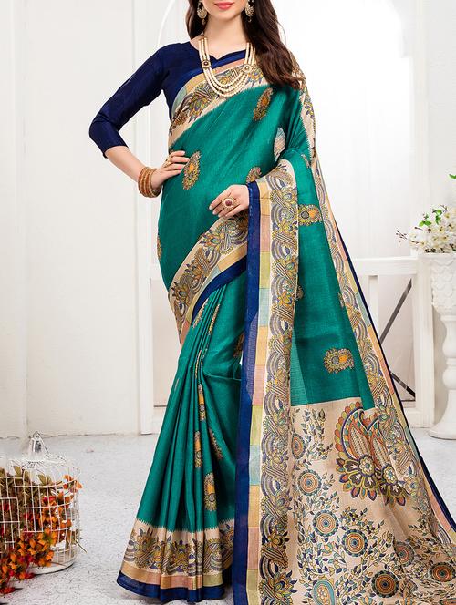 green khadi silk printed saree with blouse - 15235936 - Standard Image - 1