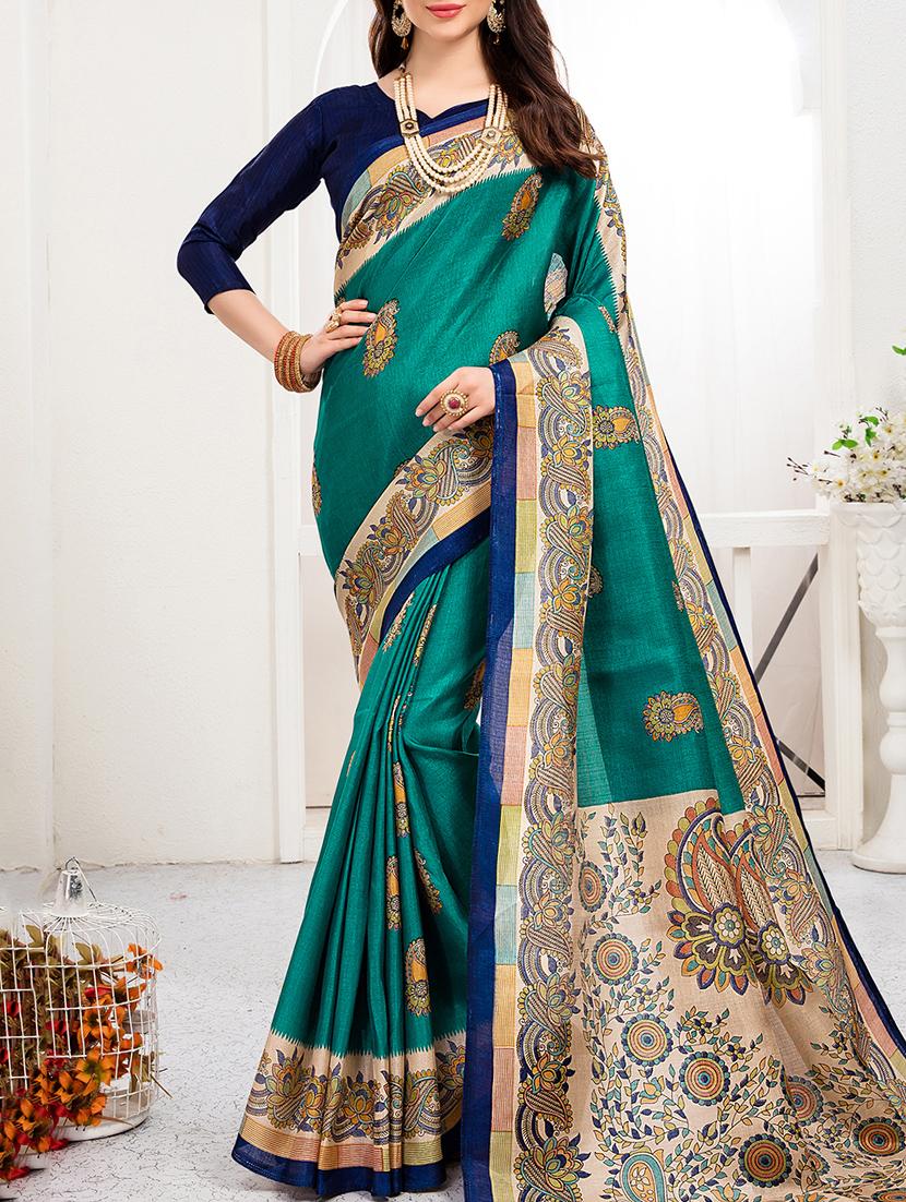 green khadi silk printed saree with blouse - 15235936 - Zoom Image - 1