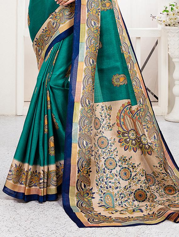 green khadi silk printed saree with blouse - 15235936 - Zoom Image - 2