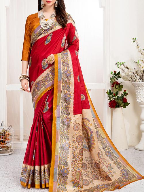 red khadi silk printed saree with blouse - 15235937 - Standard Image - 1