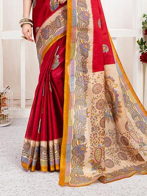 red khadi silk printed saree with blouse - 15235937 - Standard Image - 2