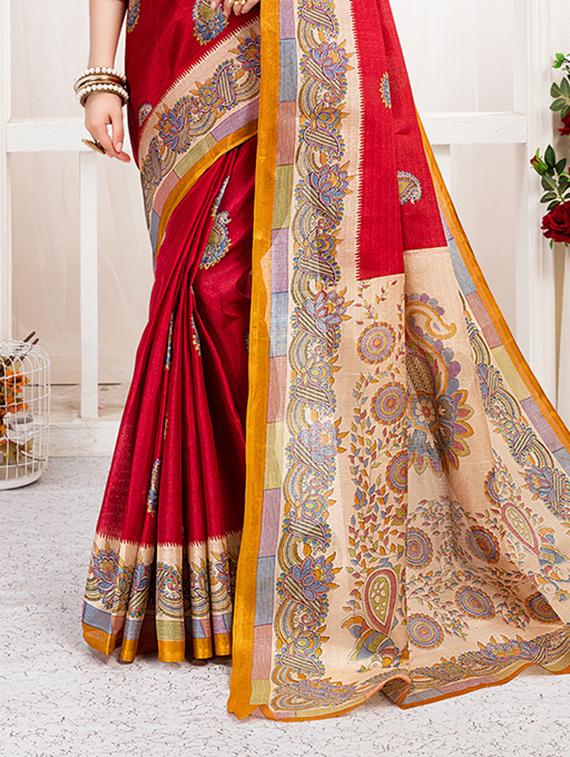red khadi silk printed saree with blouse - 15235937 - Zoom Image - 2