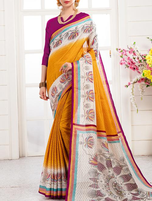 mustard khadi silk printed saree with blouse - 15235940 - Very Small Image - 1