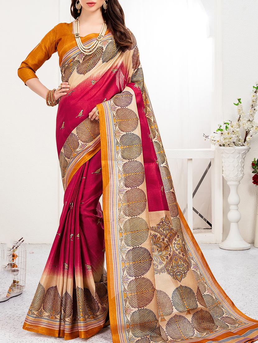 maroon khadi silk printed saree with blouse - 15235942 - Zoom Image - 1