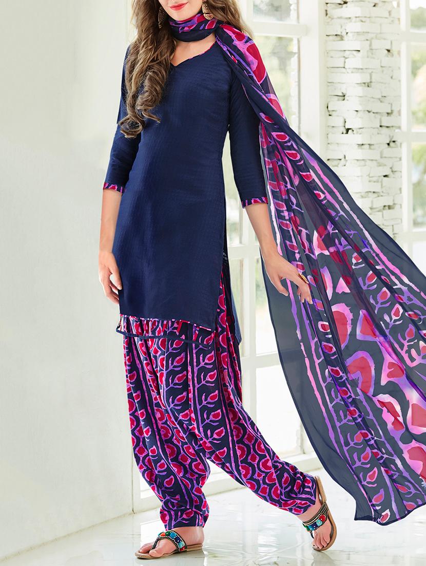 blue cotton blend unstitched patiyalal suit - 15236041 - Zoom Image - 1